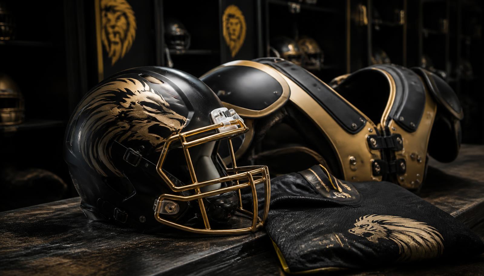 Capacete e uniforme preto e dourado do Kings Football